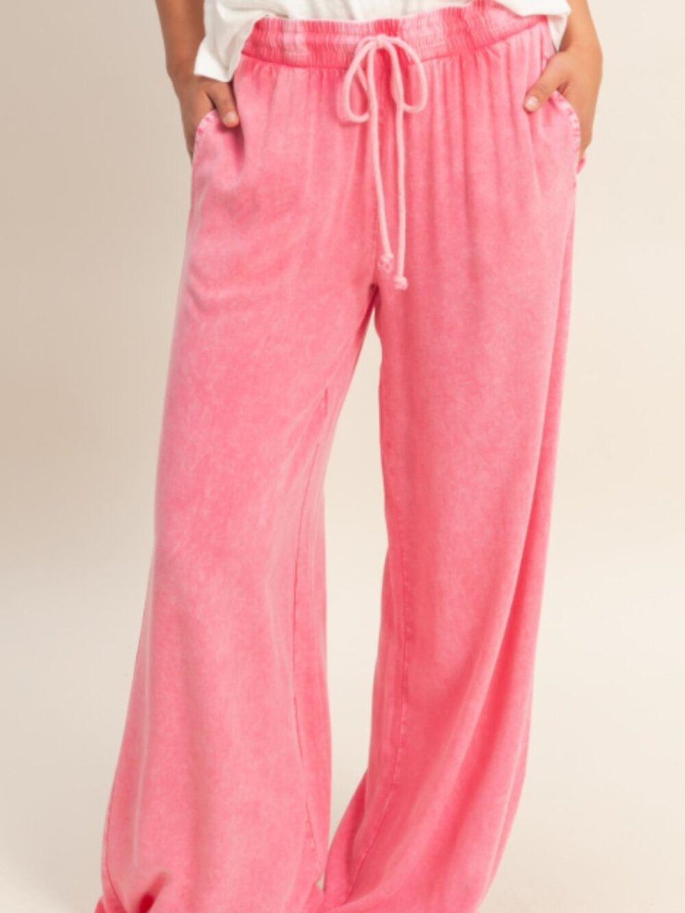 Mineral Wash Drawstring Wide Leg Pants -  TAFFY PINK